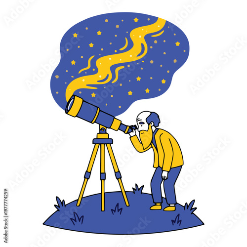 A man in a yellow jacket looks through a telescope at a starry night sky with a bright yellow streak of light