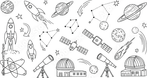 Set of Space Exploration and Astronomy Icons Featuring Rockets, Planets, Satellites, Telescopes, and Constellation Elements