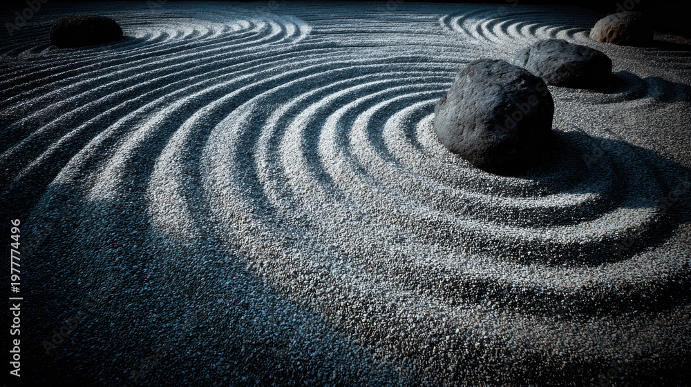Naklejka premium Zen Buddhism, meditation, inner peace, Chinese Japanese Asian tradition. Therapy stress release treatment, health lifestyle. A tranquil Japanese Zen garden with raked sand and large rocks.