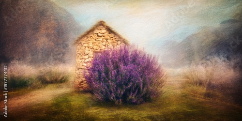 A blurred, painterly depiction of a stone house, purple bush, and a path in a field