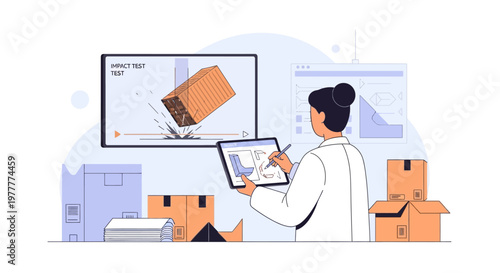 Quality Control Specialist Analyzing Package Drop Test Simulation on Tablet