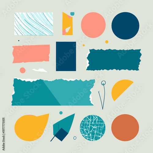 Nowoczesny zestaw abstrakcyjnych kształtów i postrzępionych kawałków papieru w pastelowych barwach, idealny do kreatywnych projektów graficznych i mediów społecznościowych.