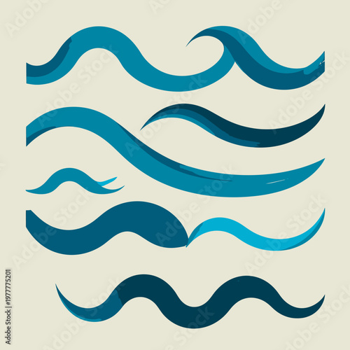 다양한 형태와 깊이를 가진 푸른색 물결 디자인 요소들이 베이지색 배경 위에 부드럽게 배열되어 시각적으로 매력적인 추상적인 파동 패턴을 형성합니다.
