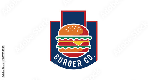 Burger Co. Logo: Delicious Burger Emblem with Red and Blue Shield
