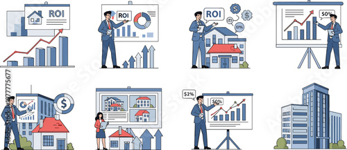 Set of Real Estate Investment Illustrations Featuring ROI Analysis, Property Growth, Financial Charts, and Business Presentation Concepts