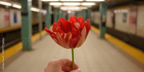 A vibrant red and white tulip held in a hand stands out against the muted backdrop of a subway station