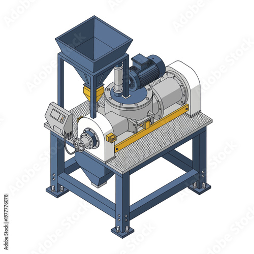 Industrial Grinding Machine with Hopper and Control Panel.