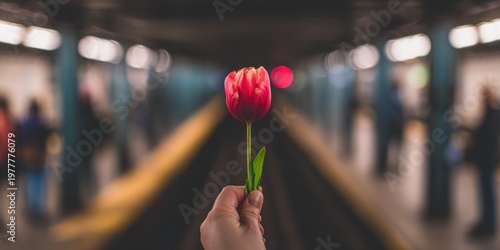 A hand holds a red tulip in a subway station with a blurred background