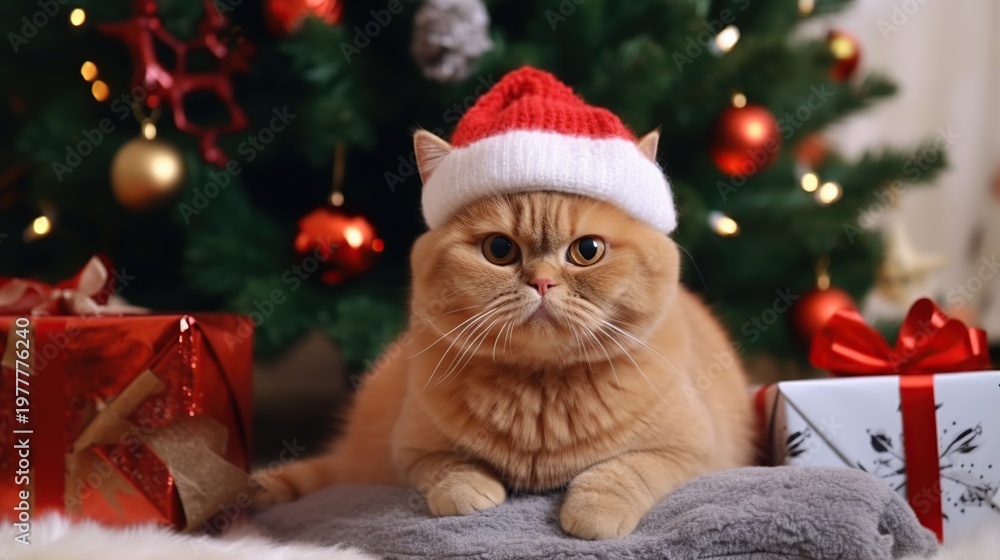 Obraz premium Adorable ginger cat wearing a Santa hat sitting beside a festive Christmas tree with beautifully wrapped presents