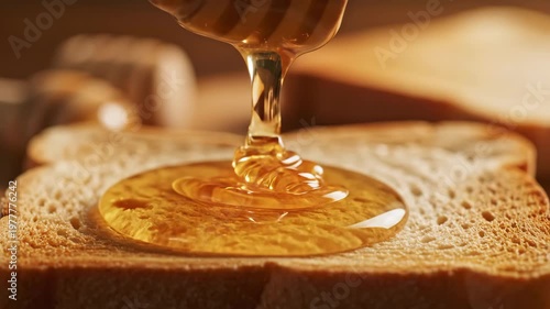 Honey Drizzling Onto Toast in Closeup