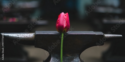 A vibrant red and yellow tulip rests gently on a weathered anvil, creating a juxtaposition