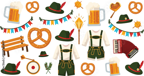 Set of Oktoberfest Festival Elements Illustrations Including Beer Mug, Pretzel, Traditional Bavarian Clothing, Accordion, and Celebration Decorations