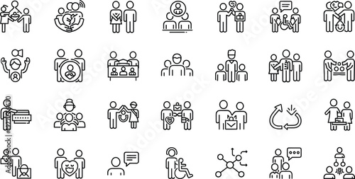 Set of Line Icons Representing Social Interaction, Relationships, Teamwork, Collaboration, and Communication for Social Impact and Networking