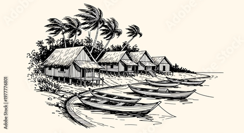 Ink sketch vector illustration of a serene tropical village with boats on the shore
