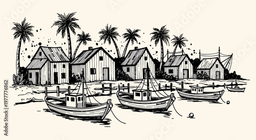 Ink sketch vector illustration of boats docked near houses and palm trees