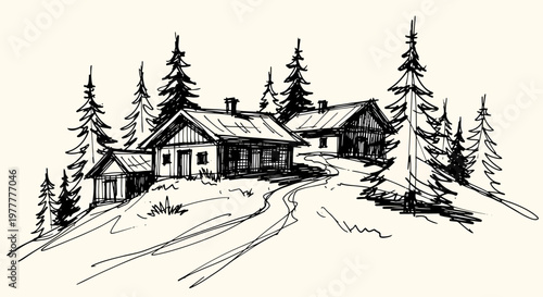 Ink sketch vector illustration of a snowy cabin village nestled among tall pine trees on a hill with winding roads.