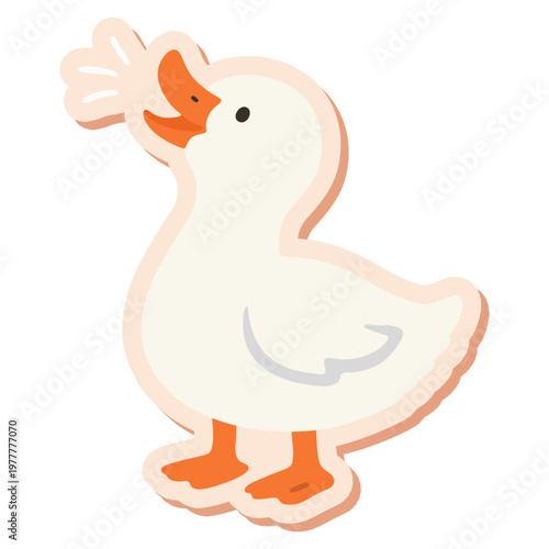 Cute White Duck Quacking Sticker In Flat Style Vector Illustration