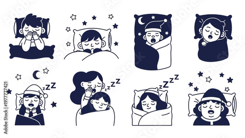 Collection of Diverse People Sleeping Peacefully Under Starry Night Skies.