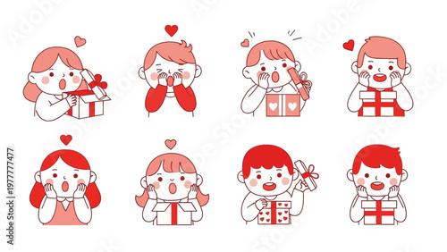 Collection of eight cute cartoon characters expressing joy and surprise while holding gift boxes.