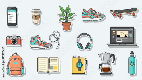 Collection of everyday items and accessories in a flat lay style.