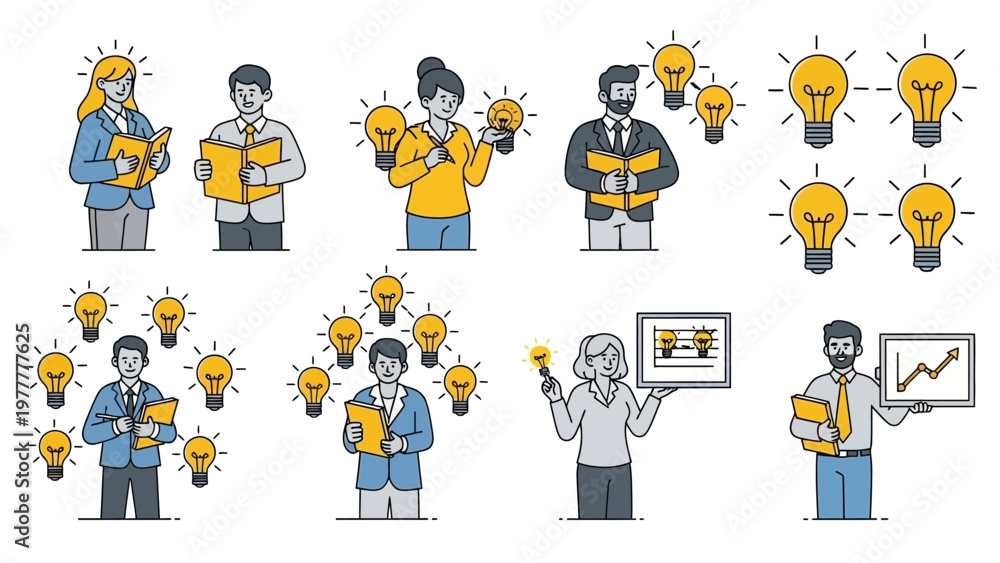 Fototapeta premium Collection of hand-drawn illustrations depicting people with glowing lightbulbs, symbolizing ideas and innovation.