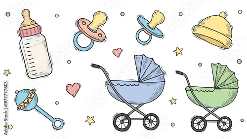 Collection of hand-drawn baby items including bottles, pacifiers, strollers, rattles, and a hat.