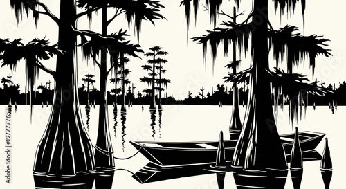 Ink sketch vector illustration of a serene lake scene with cypress trees and a small boat drifting peacefully.