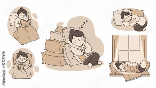 Collection of illustrations depicting a woman enjoying various cozy and relaxing activities.