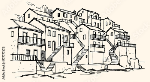 Ink sketch vector illustration of a quaint village perched on a rugged cliffside with stairs and balconies