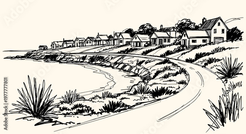 Ink sketch vector illustration of a winding road leading to houses on a cliffside.
