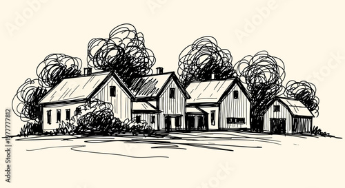 Ink sketch vector illustration of a serene countryside farm with rustic houses and barns surrounded by trees.