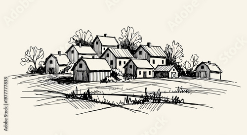 Ink sketch vector illustration of rural houses and barns in a countryside landscape with trees and fields.
