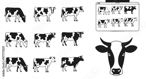 Black and white cow head illustrations.
