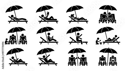 Beach Relaxation Silhouettes People Under Umbrella Sun Lounger Holiday Lifestyle Set