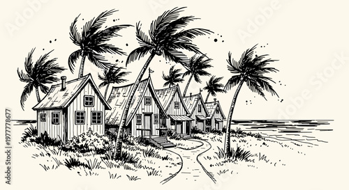 An ink sketch vector illustration of a serene beachside resort with palm trees and houses.