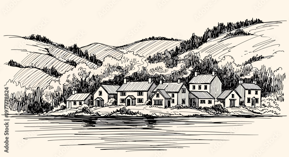 Fototapeta premium Ink sketch vector illustration of a serene village by a lake with rolling hills and trees