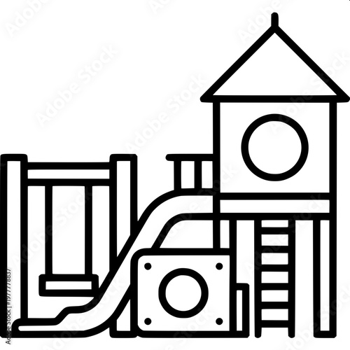 “Collection of flat monochrome illustrations of playground and waterpark slides, high-contrast silhouettes, geometric design.”