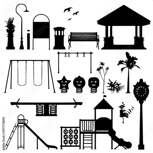 “Collection of flat monochrome illustrations of playground and waterpark slides, high-contrast silhouettes, geometric design.”