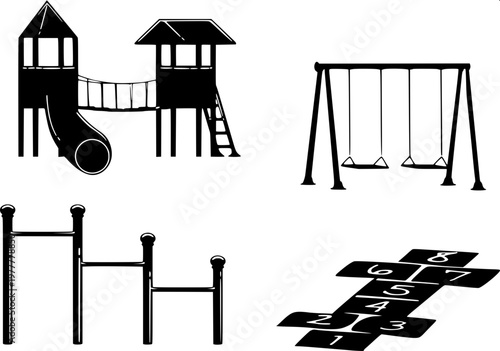 “Collection of flat monochrome illustrations of playground and waterpark slides, high-contrast silhouettes, geometric design.”