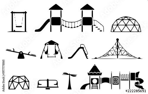 “Collection of flat monochrome illustrations of playground and waterpark slides, high-contrast silhouettes, geometric design.”
