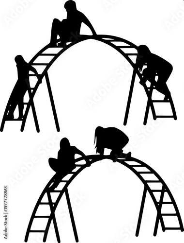 “Collection of flat monochrome illustrations of playground and waterpark slides, high-contrast silhouettes, geometric design.”