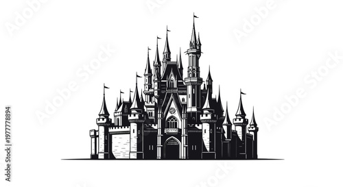 Majestic fairytale castle with towering spires and intricate architectural details.