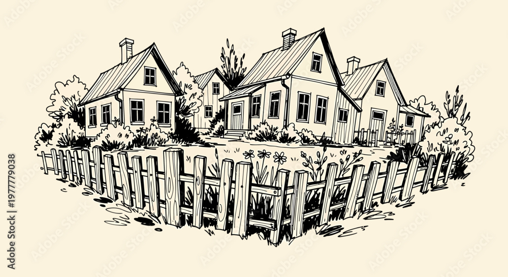Naklejka premium An ink sketch vector illustration of houses behind a wooden fence in a rural landscape setting.