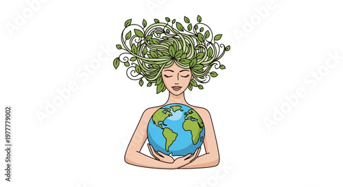 A graceful illustration of a woman with green leaves as hair gently holding the Earth, symbolizing global sustainability and environmental protection