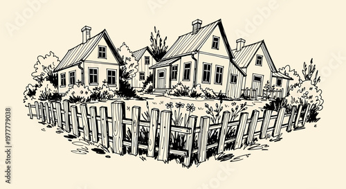 An ink sketch vector illustration of houses behind a wooden fence in a rural landscape setting.
