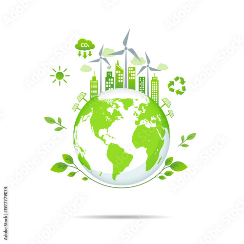 A futuristic sustainable green city on planet Earth with lush vertical gardens, eco-friendly architecture, and advanced renewable energy infrastructure under a clear sky, vector illustration