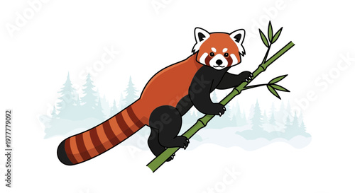 Red panda illustration. Fluffy reddish fur. Climbing bamboo stalk. Serene snowy forest backdrop. Capturing its playful agility and unique charm in nature