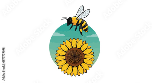 Bright illustration of a cheerful bee flying towards a large sunflower, symbolizing the vital process of pollination for a healthy ecosystem