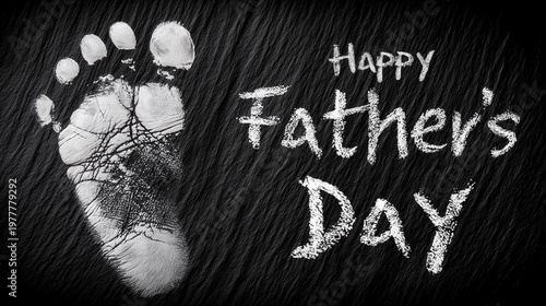 Happy Fathers Day chalk drawing on blackboard with baby foot print