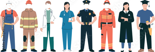 Flat minimalist illustration of diverse professional workers including firefighter police healthcare and construction staff vector design